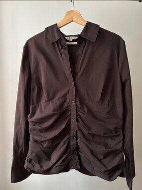 Y2K Brown Rusched Cotton Blouse | Vintage Cinching Blouse